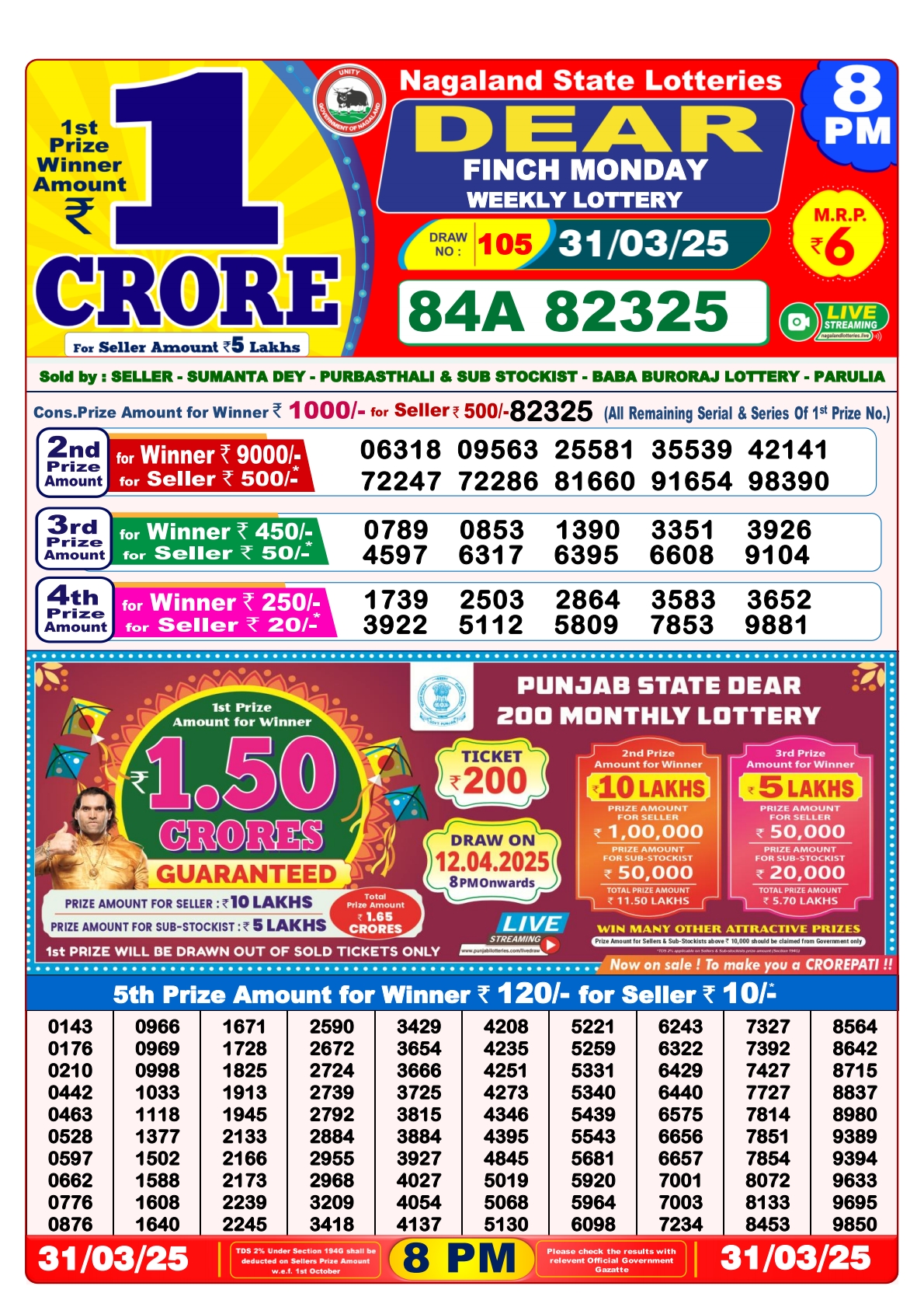 Dear finch Weekly Lottery 8PM Result 31.3.25